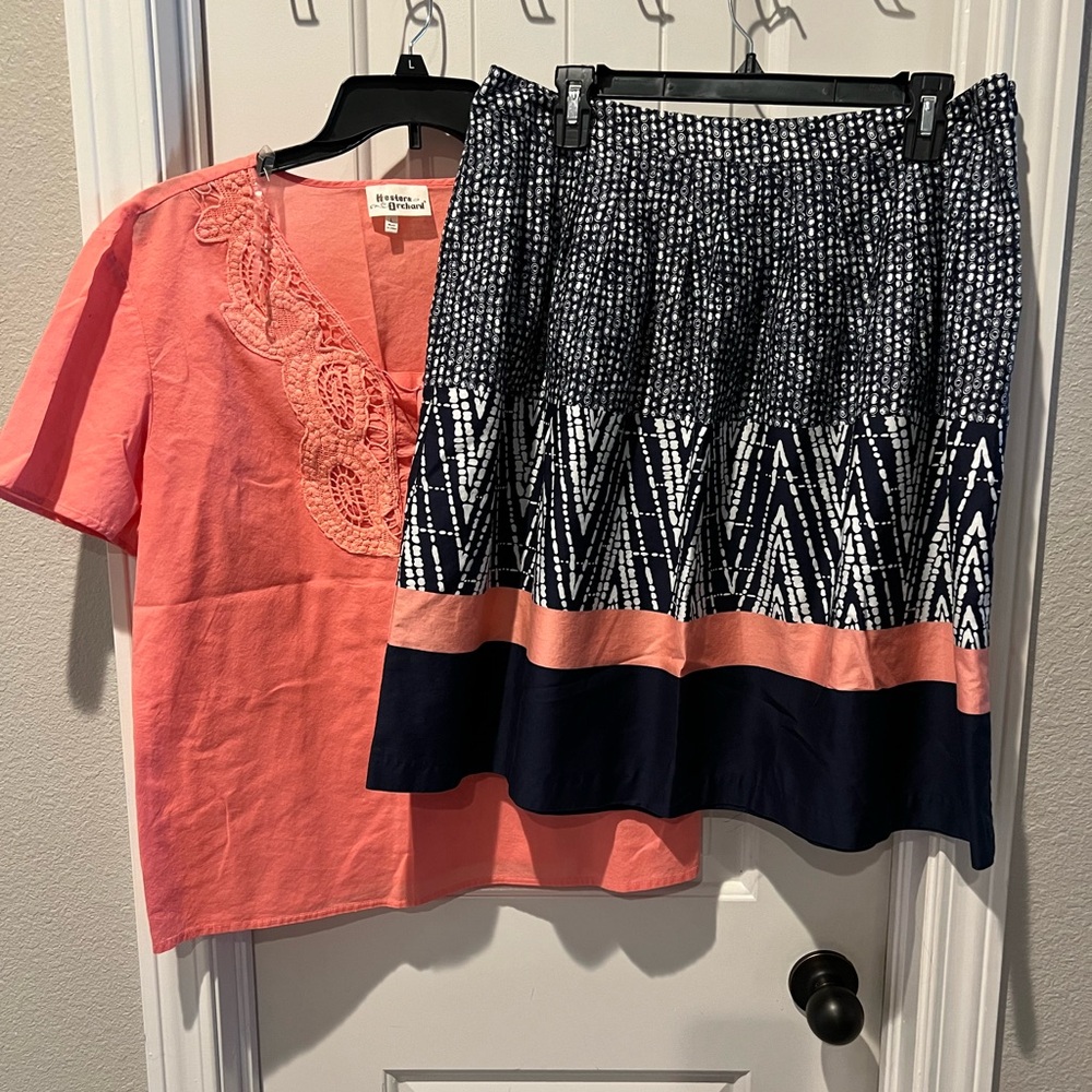 Coral Orange George blue, white skirt sz 14 & coral Embroidered Blouse sz Large